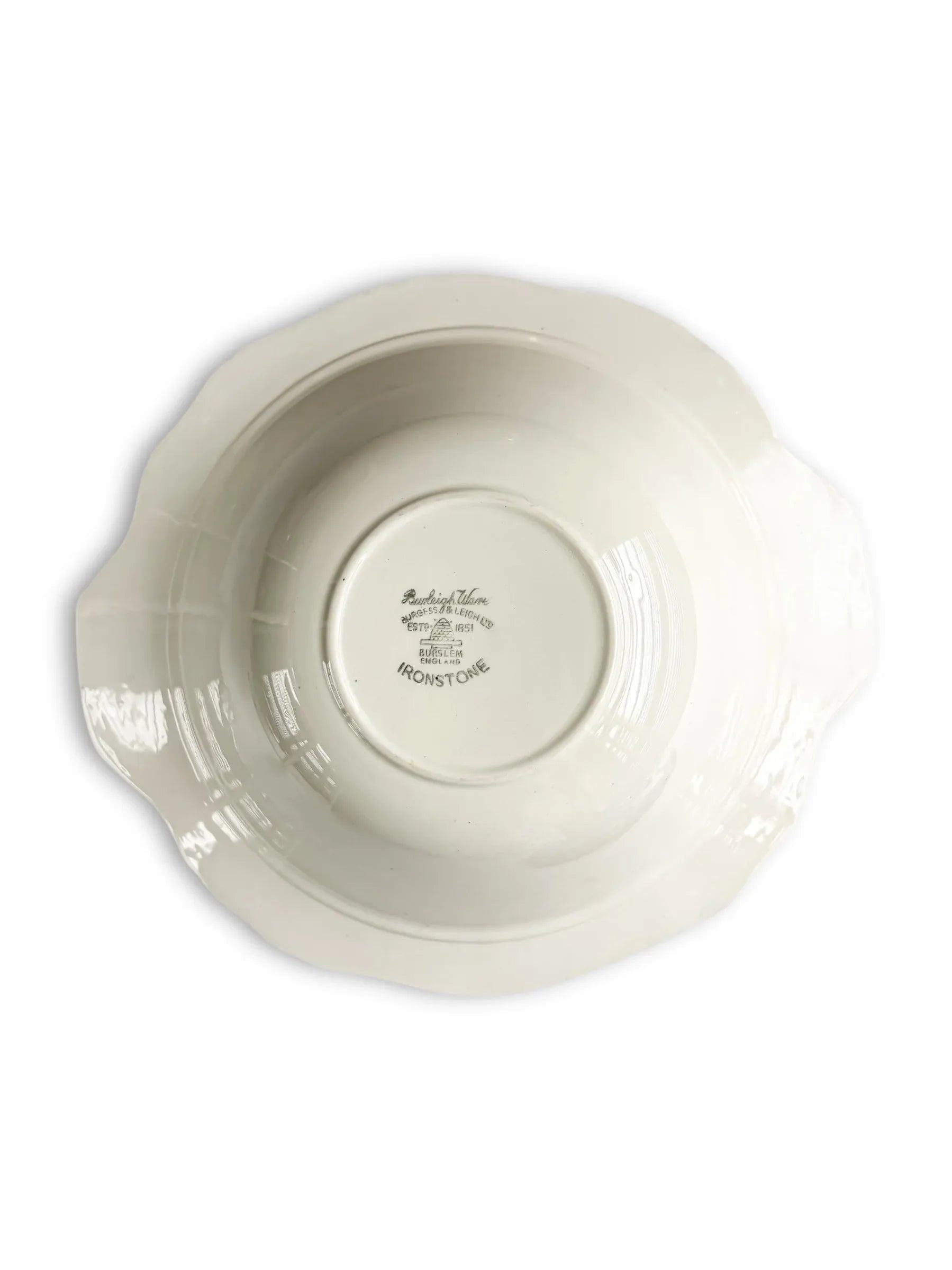 White ironstone bowl with scalloped edges and Burleigh Ware Burslem England mark