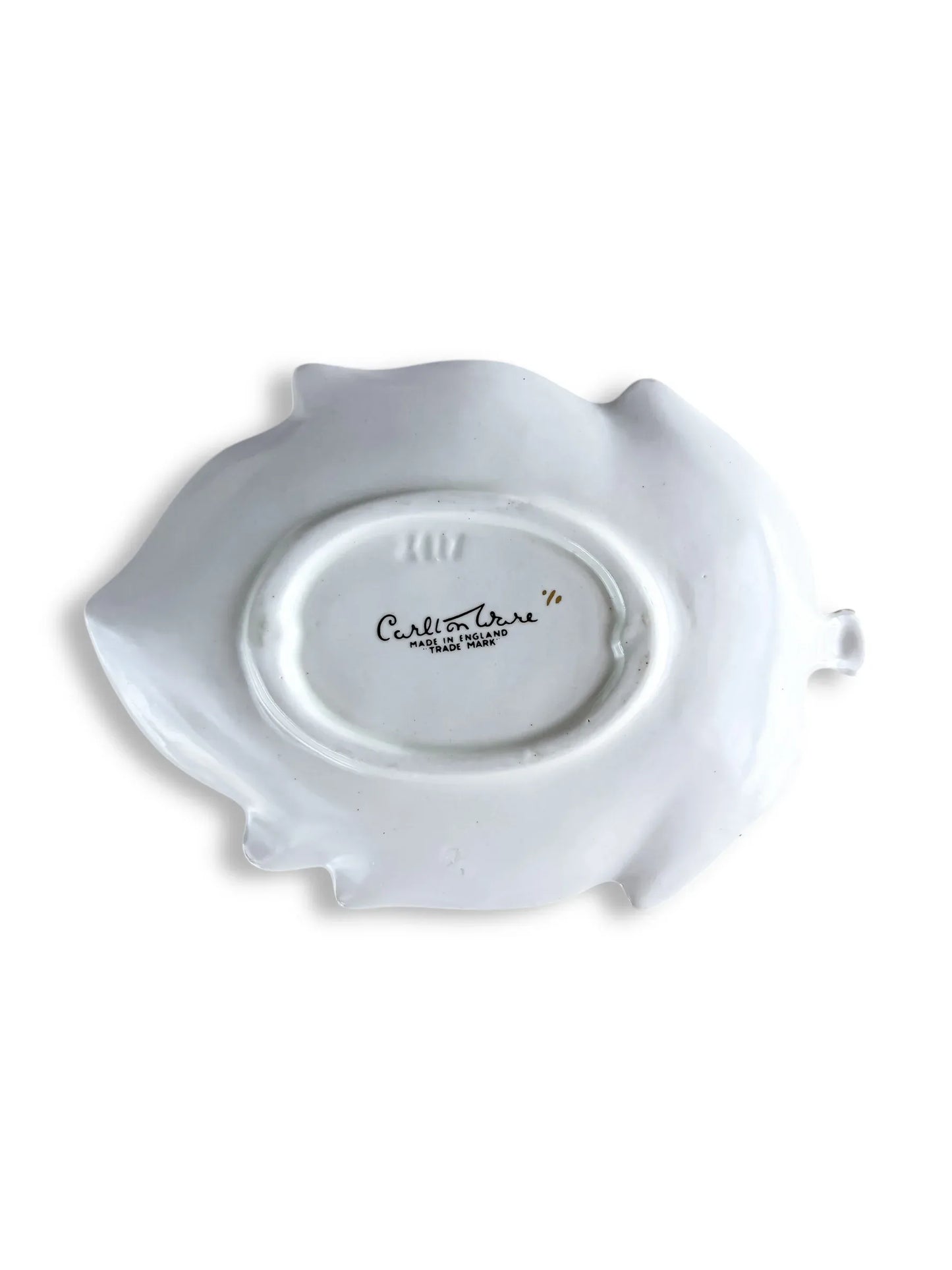 Back of white Carlton Ware ceramic dish with maker's mark on plain background
