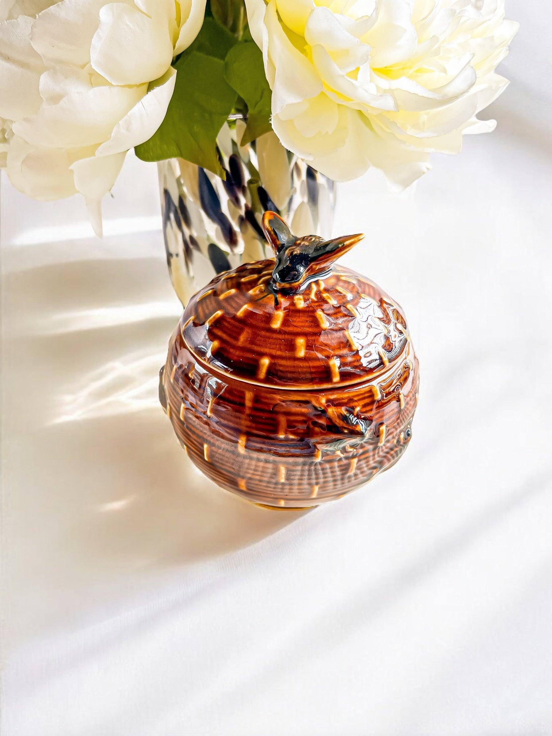 Ceramic Honey Pot - Basketweave Pattern with Bee Lid - SOSC Home