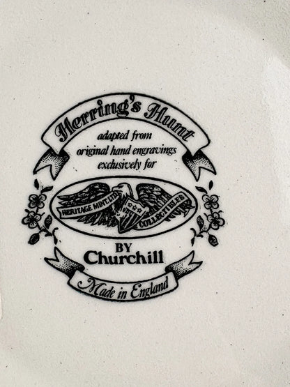 Close-up of the Churchill backstamp: Herring’s Hunt adapted from original hand engravings exclusively for Heritage Mint Ltd Collectibles, by Churchill, Made in England, with an eagle motif and floral sprays.