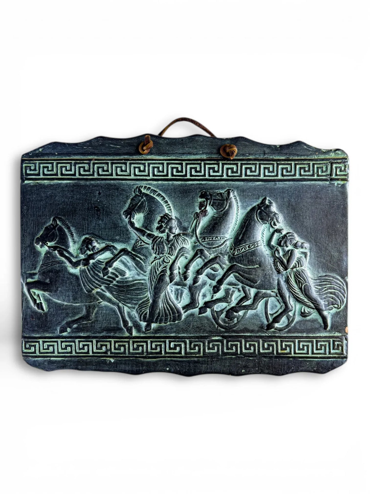 Vintage Greek-style ceramic wall plaque with horse and chariot relief, collectible home decor.