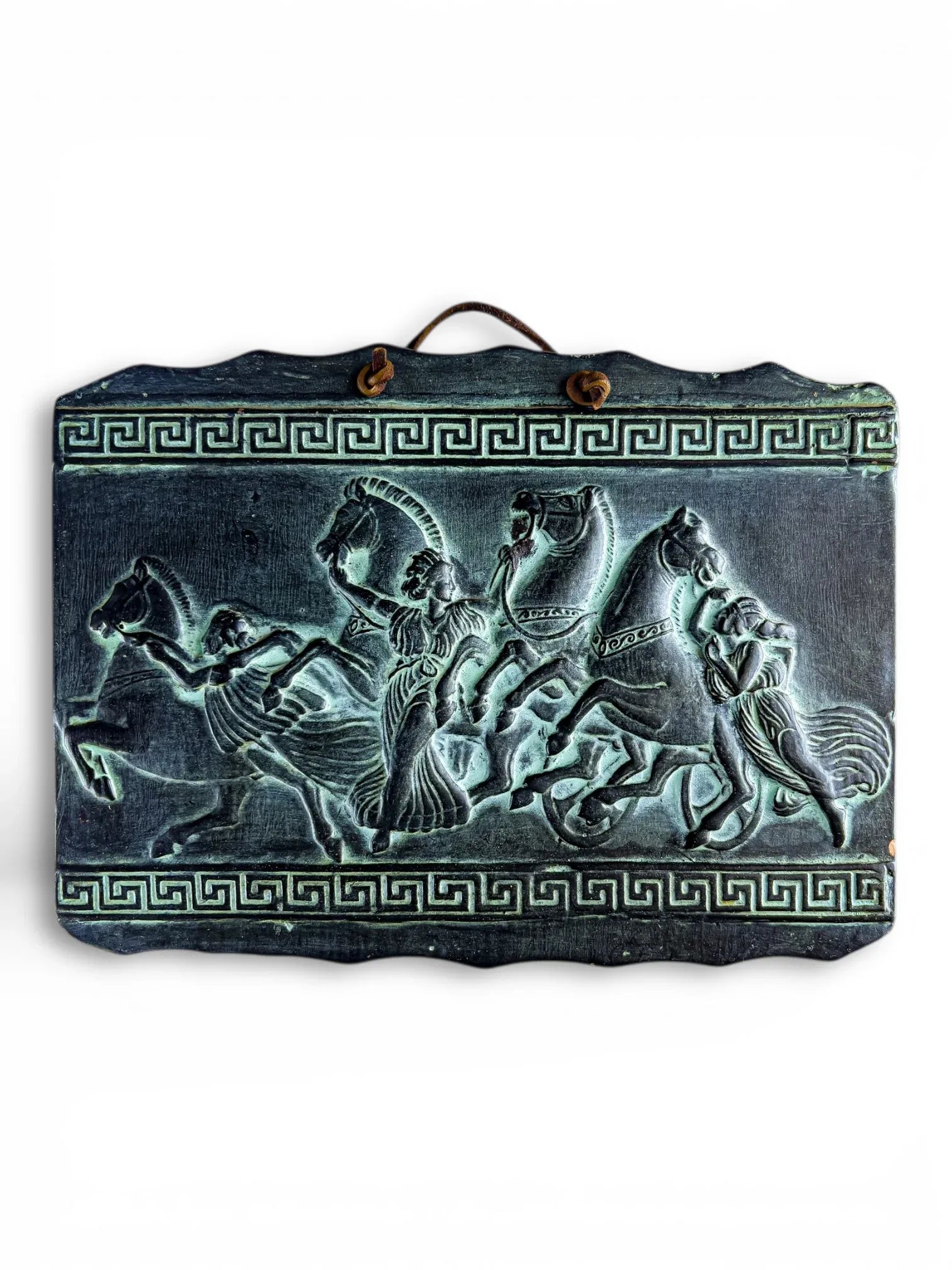 Vintage Greek-style ceramic wall plaque with horse and chariot relief, collectible home decor.
