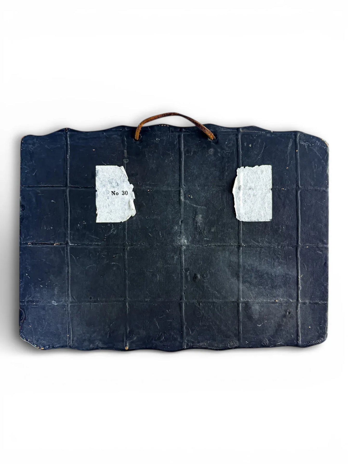 Vintage black porcelain tray with grid pattern, leather handle, and label No 30, collectible serveware