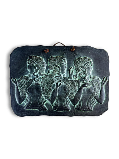 Vintage ceramic wall plaque with relief of three women in ancient style, antique home decor