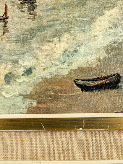 Close-up of framed vintage painting showing a small boat on textured water with muted blues and browns