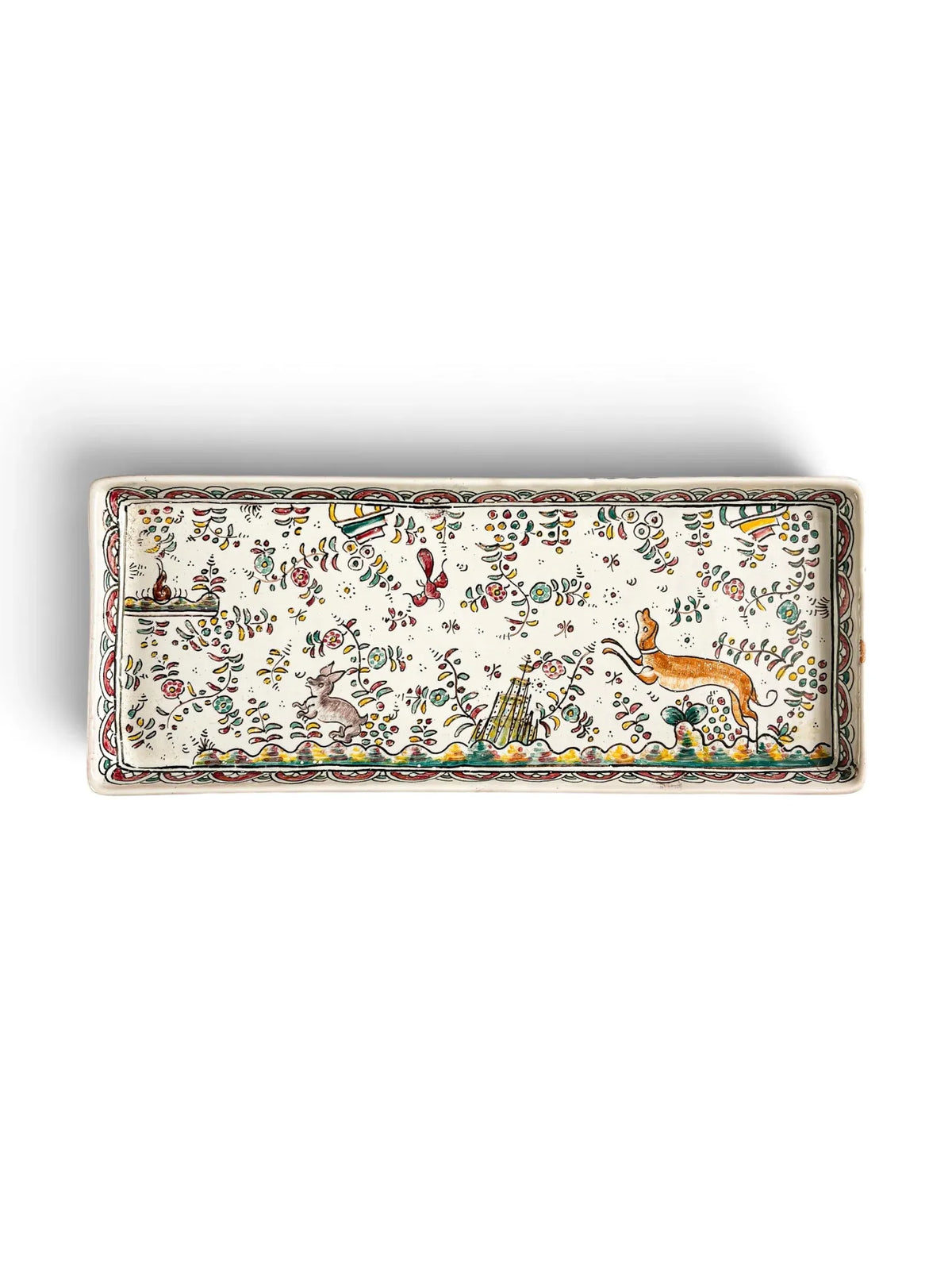 Hand-painted Conimbriga Portugal faience serving tray with hare, leaping hound and floral border, top view