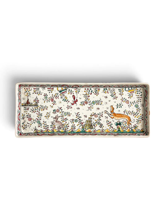 Hand-painted Conimbriga Portugal faience serving tray with hare, leaping hound and floral border, top view