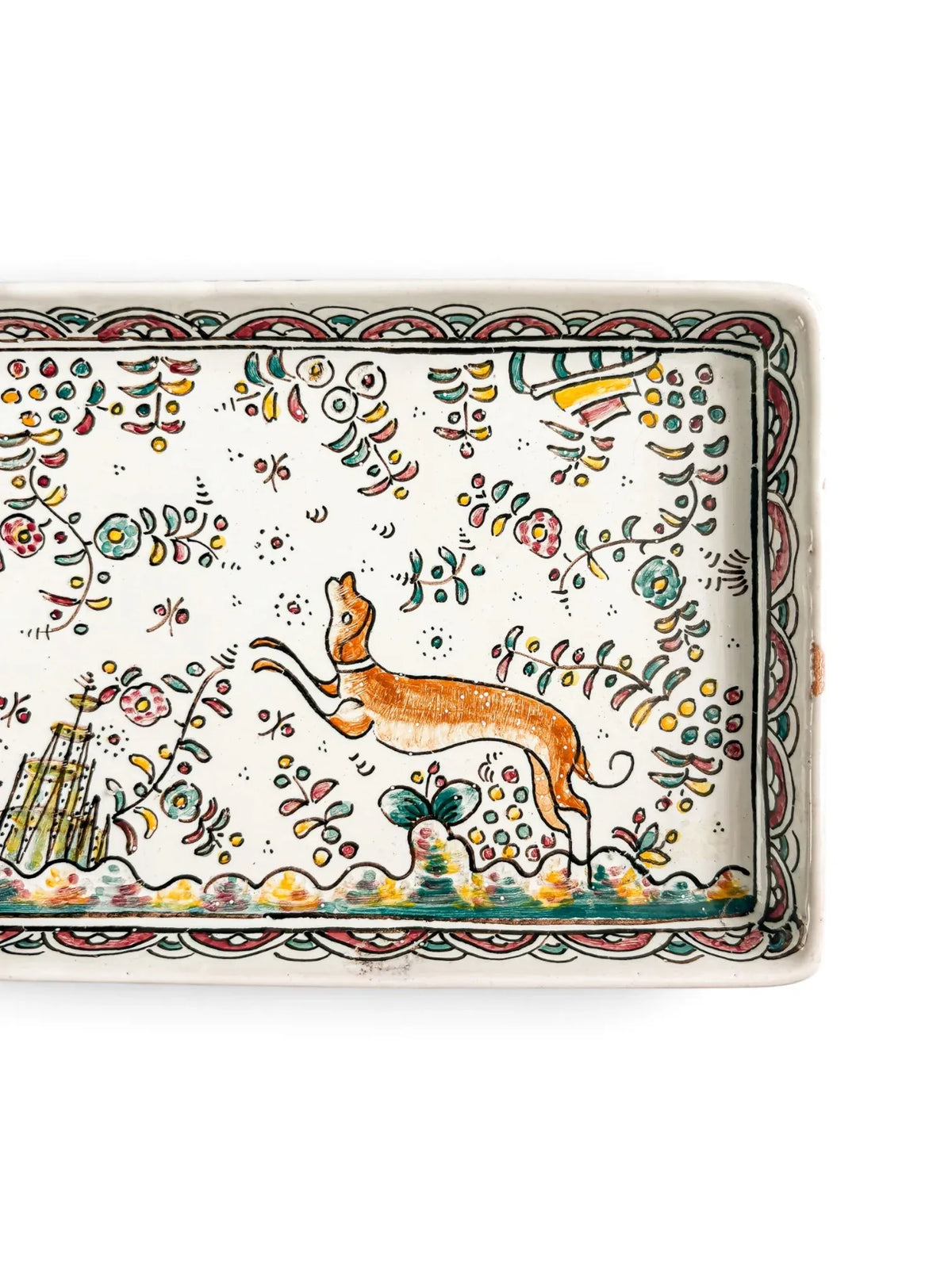 Close-up of leaping tawny hound on Conimbriga Portugal hand-painted rectangular faience tray