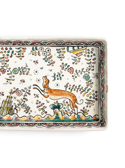Close-up of leaping tawny hound on Conimbriga Portugal hand-painted rectangular faience tray