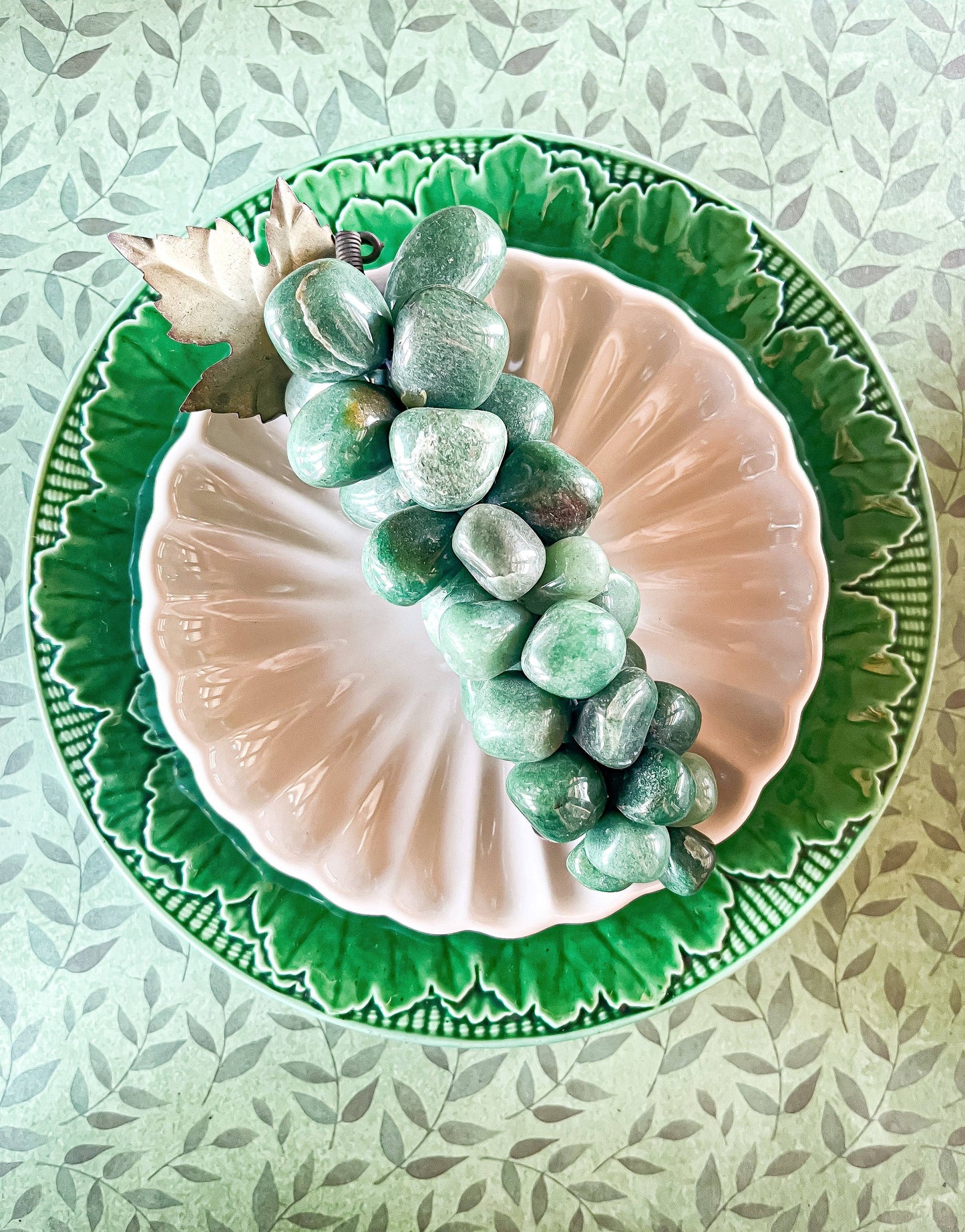 Green Aventurine Grapes | Handcrafted Decorative Cluster with Metal Leaf - SOSC Home