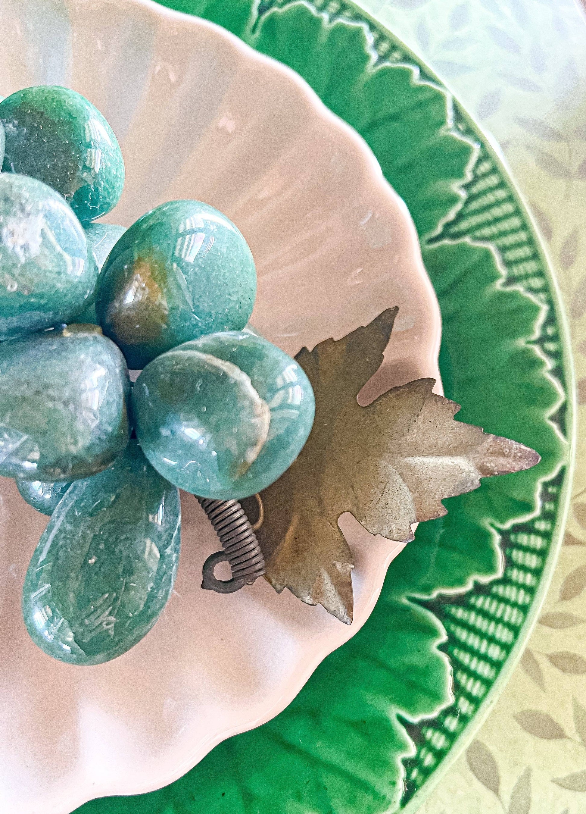Green Aventurine Grapes | Handcrafted Decorative Cluster with Metal Leaf - SOSC Home