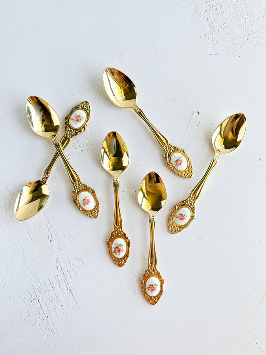 Eetrite 24k Gold-Plated Boxed & No Box Teaspoons with Pink Floral Medallion - Set of 6 - SOSC Home