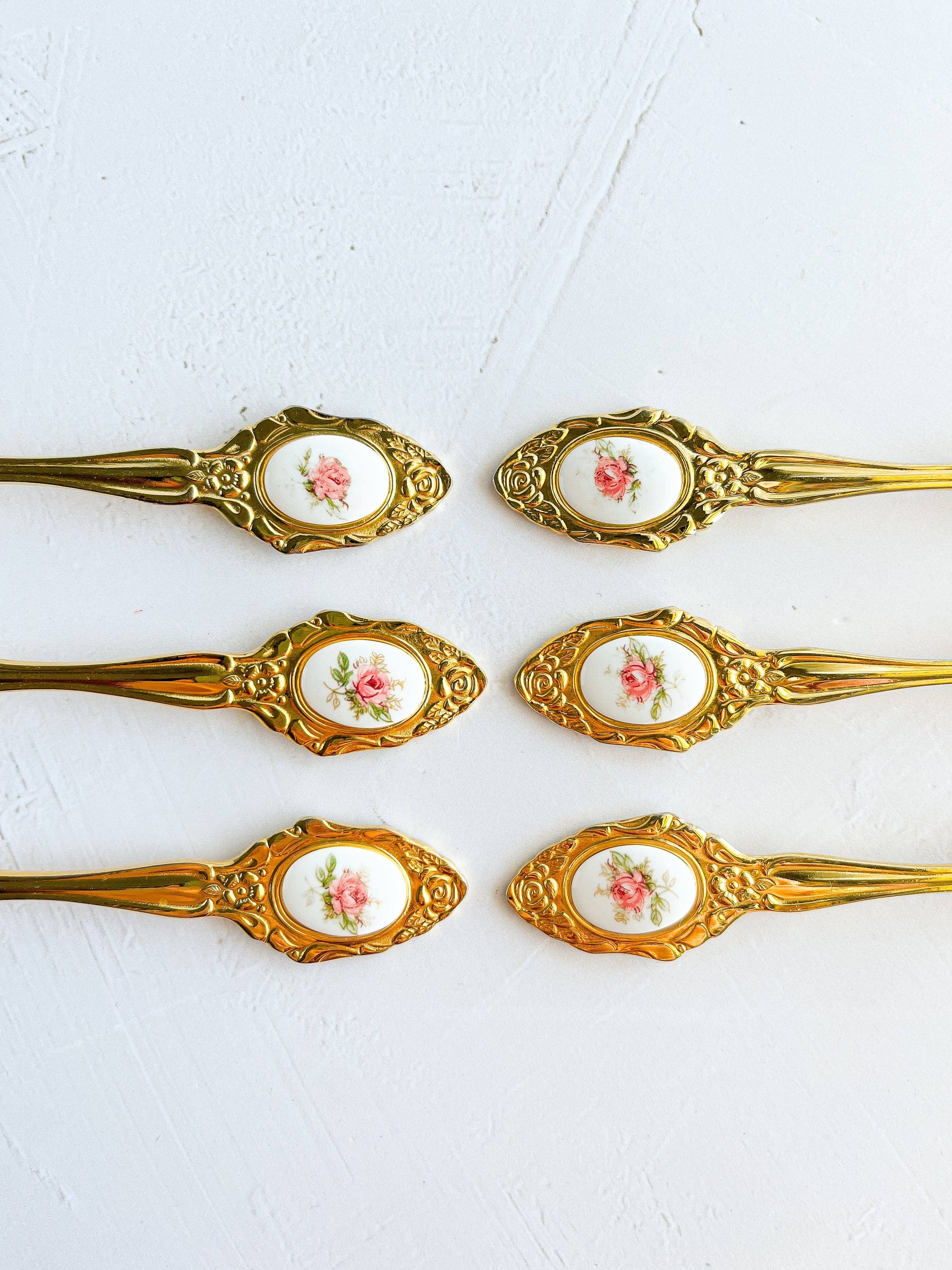 Eetrite 24k Gold-Plated Boxed & No Box Teaspoons with Pink Floral Medallion - Set of 6 - SOSC Home