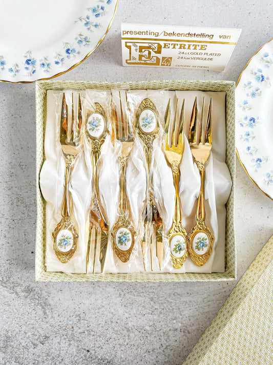 Eetrite 24k Gold-Plated Cake Forks with Floral Medallion - Set of 6 - SOSC Home