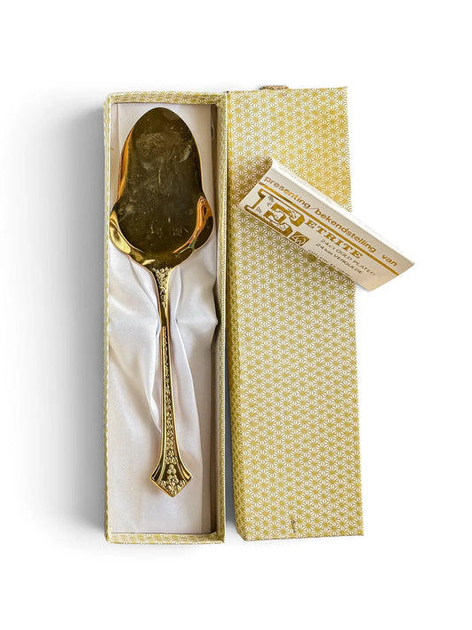 Vintage Eetrite Fleur 24ct gold plated serving spoon in its original gold-and-cream geometric gift box with presentation card