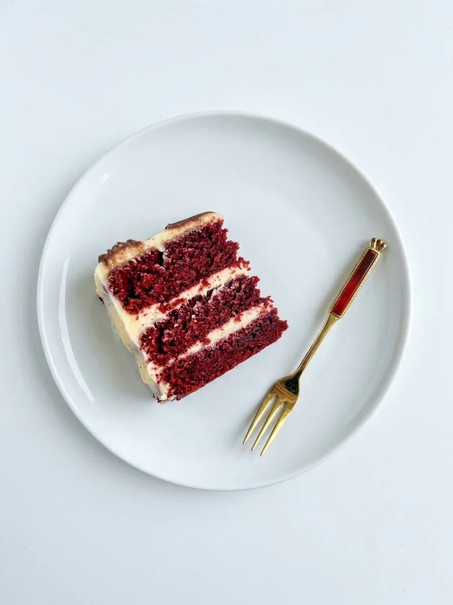 A flat lay photograph capturing a single gold-plated Eetrite cake fork with a ruby red handle, resting on a clean white saucer next to a simple white ceramic cup filled with dark tea, set against a smooth white background.