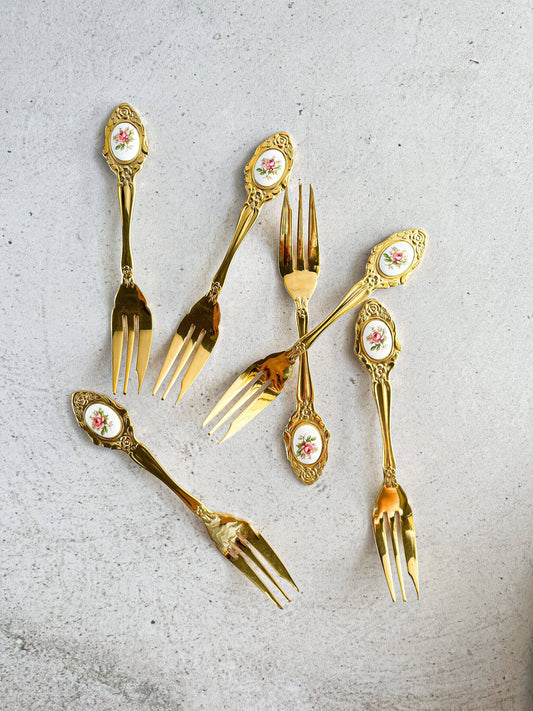 Eetrite Set of 6 Gold-Plated Cake Forks - Pink Floral Medallion - SOSC Home