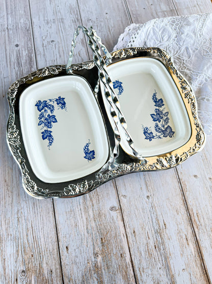 Elegant Dual-Compartment Serving Tray with Ceramic Dishes - Blue Grapevine - SOSC Home