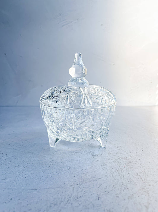 Elegant Footed Glass Jar with Lid - Ornate Cut Glass Design - SOSC Home