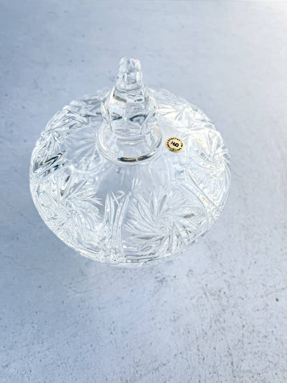 Elegant Footed Glass Jar with Lid - Ornate Cut Glass Design - SOSC Home