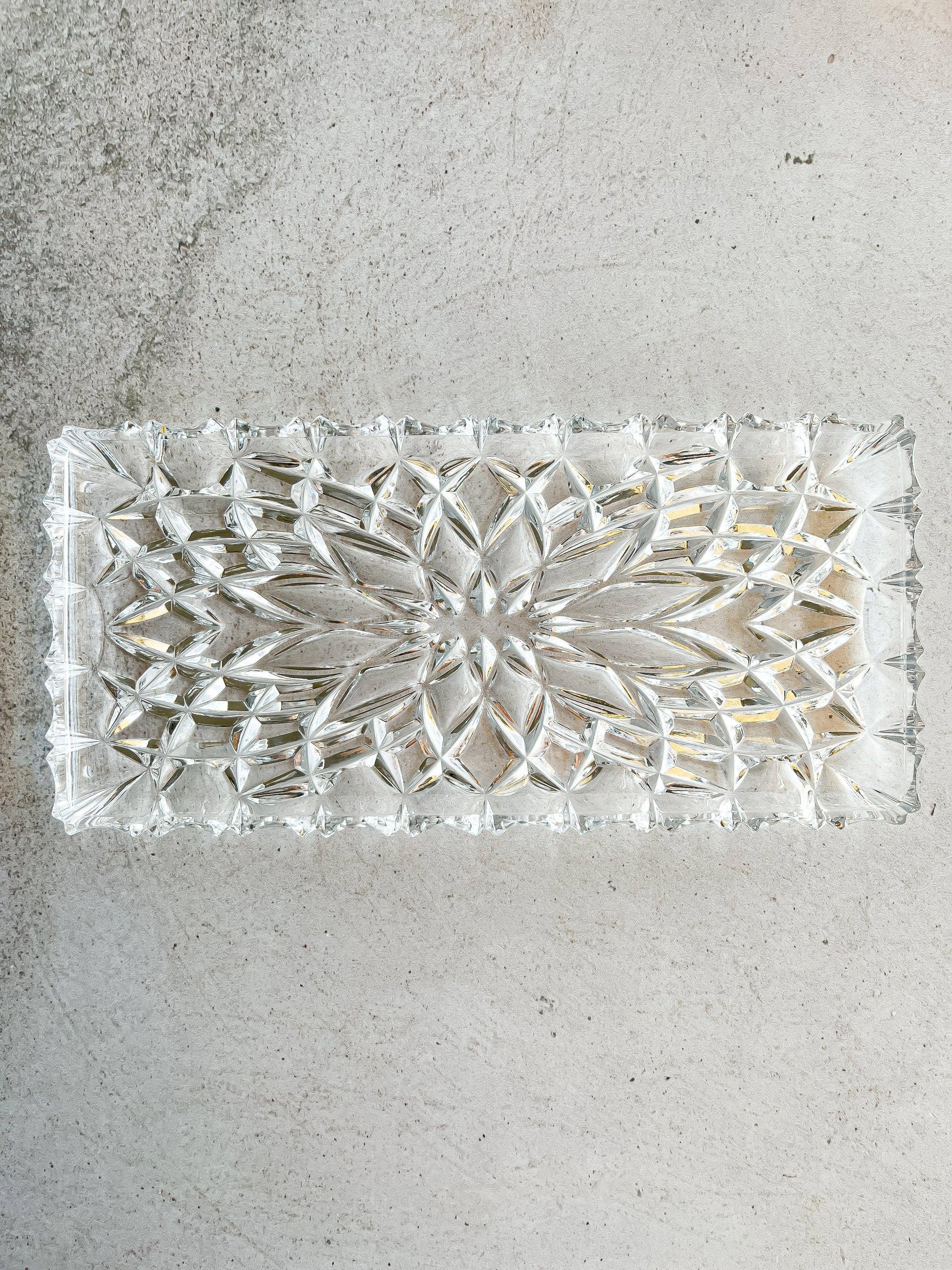 Elegant Rectangular Cut Glass Tray with Floral Motif - SOSC Home