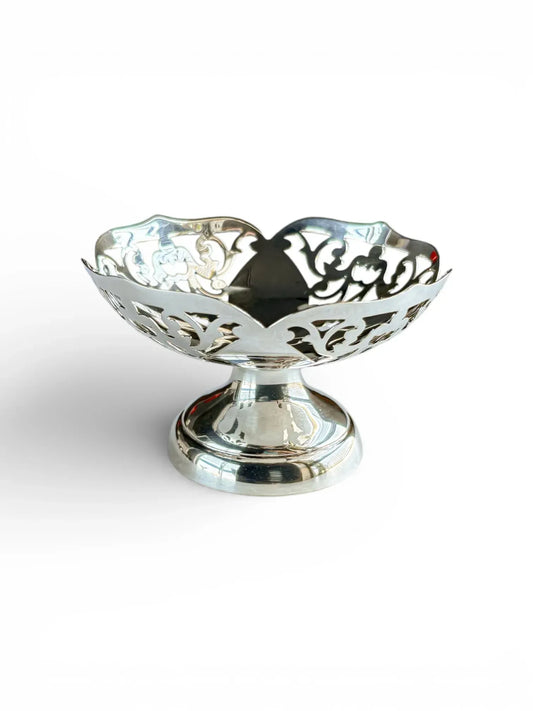 Vintage EPNS silver-plated bonbon dish with a pierced scroll design and pedestal base.