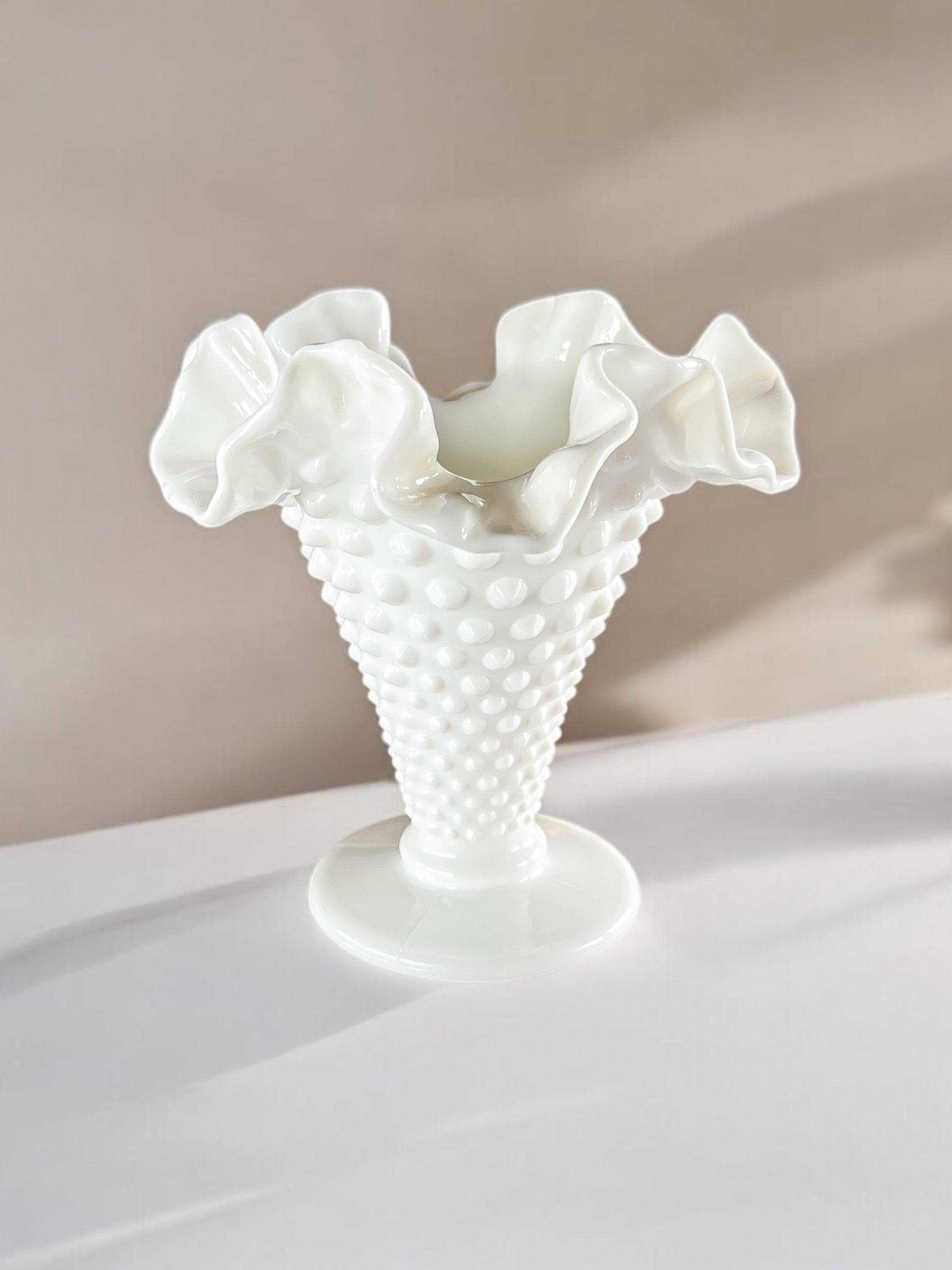 Fenton Double Crimped Footed Vase | 'Hobnail Milk Glass
