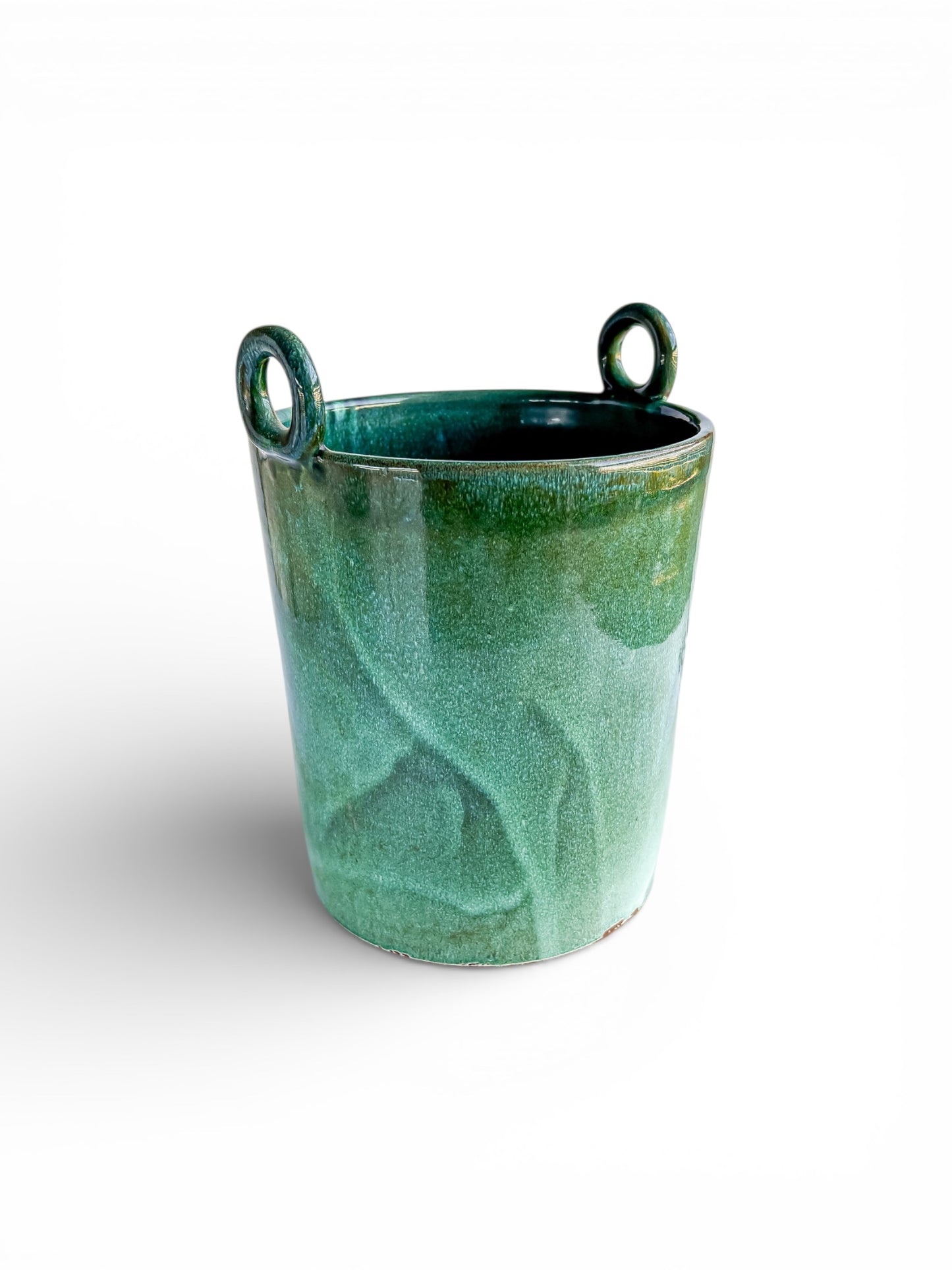 Green glazed ceramic vase with two round handles, vintage ceramic home decor