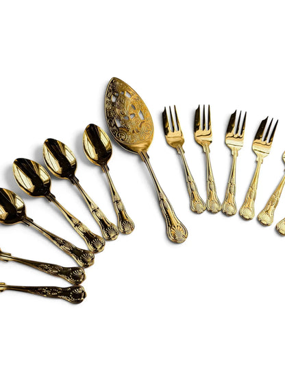 Vintage 24-carat gold-plated pastry set with pierced cake server, six teaspoons and six pastry forks arranged on a white background