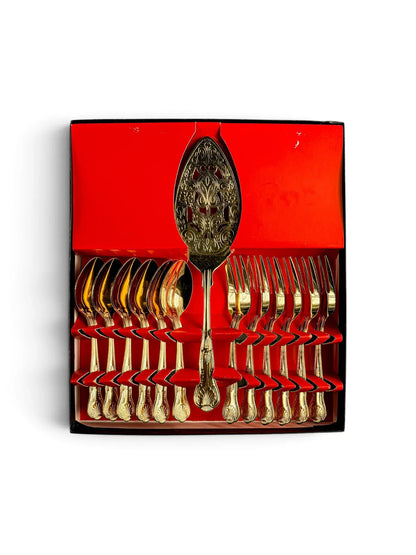 Complete 13-piece 24-carat gold-plated cake set in its original red-lined presentation box