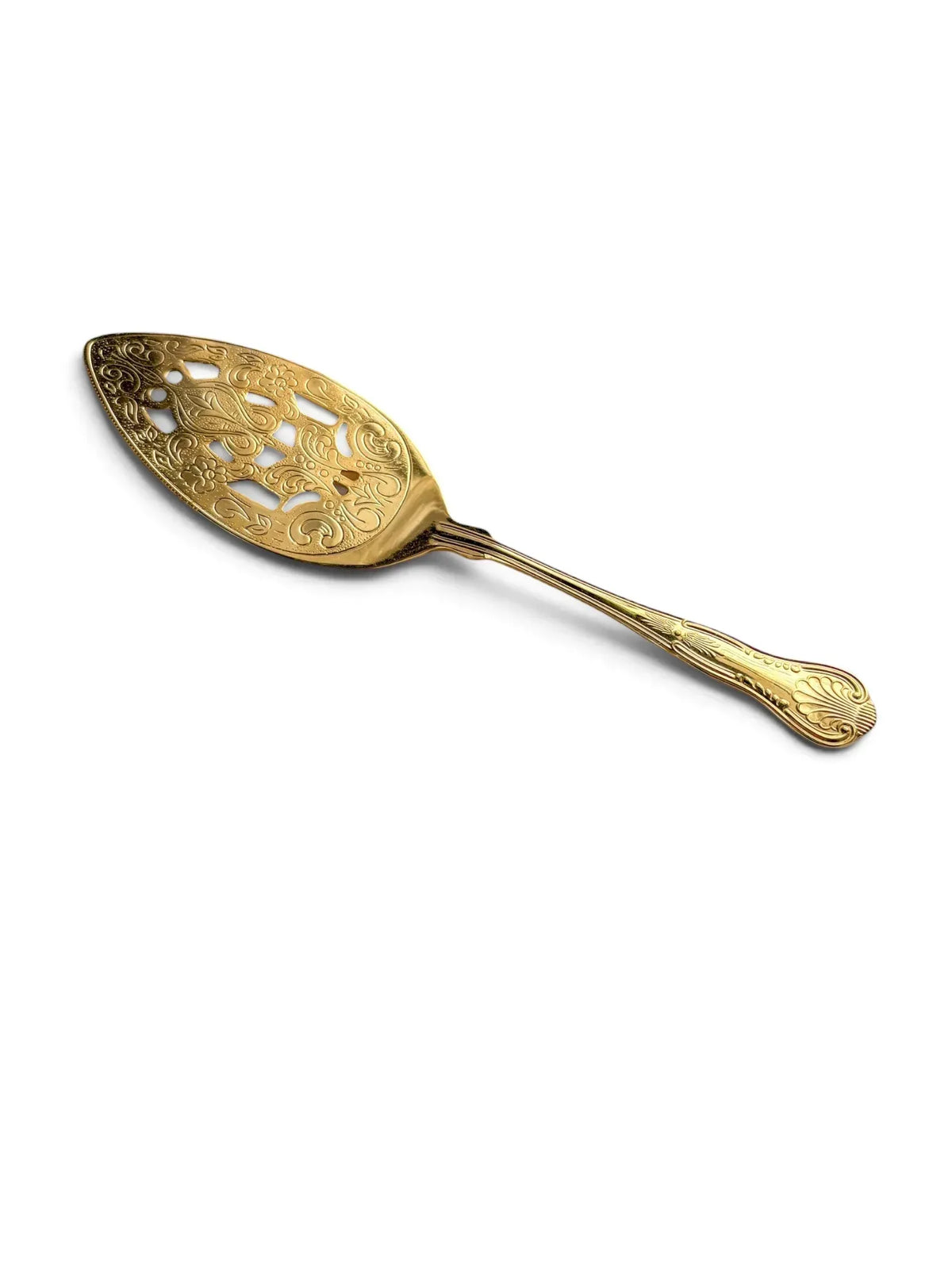 Vintage 24-carat gold-plated pierced cake server with rococo openwork bowl and shell handle