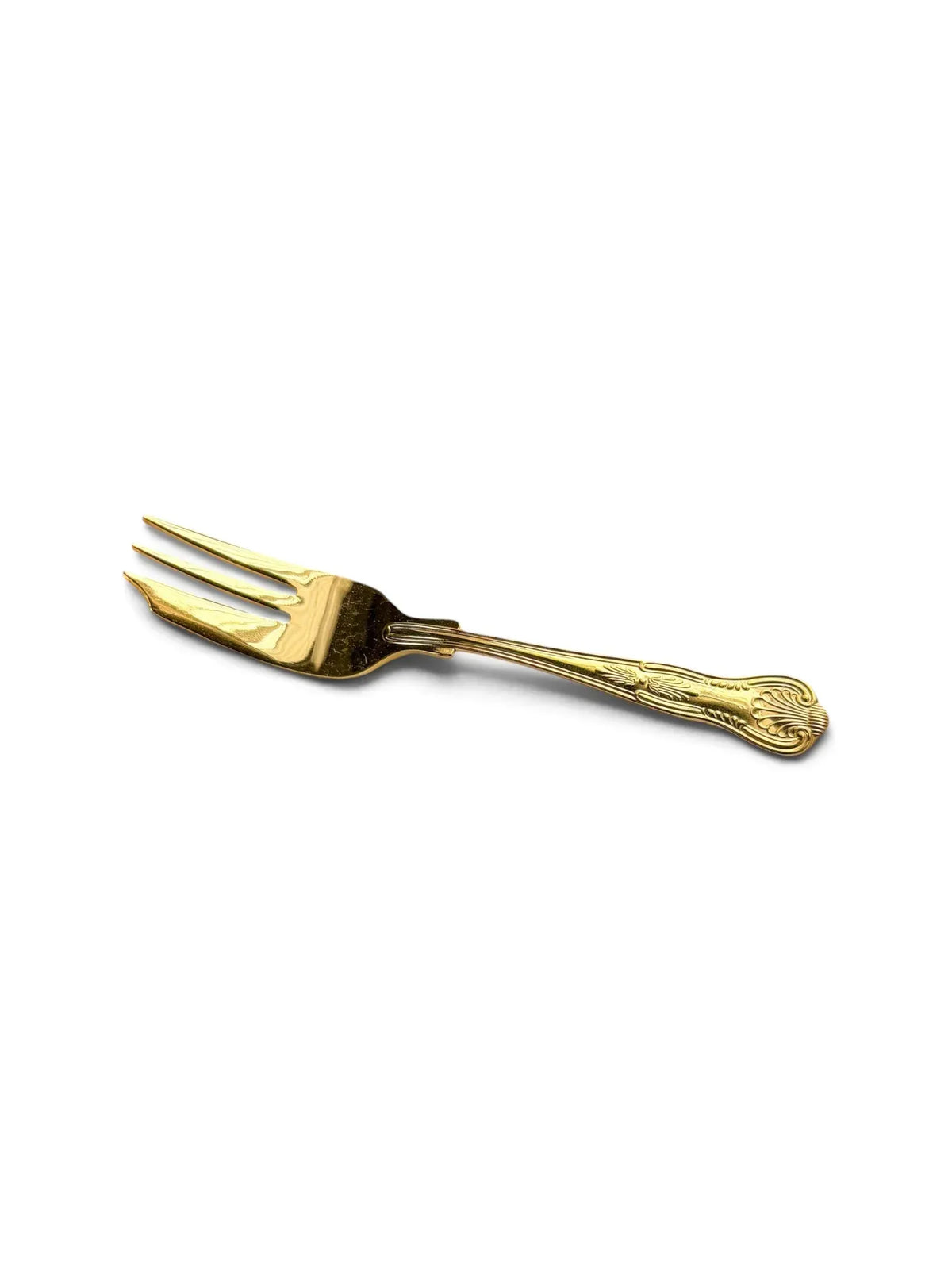 Vintage 24-carat gold-plated pastry fork with three tines and shell-end handle