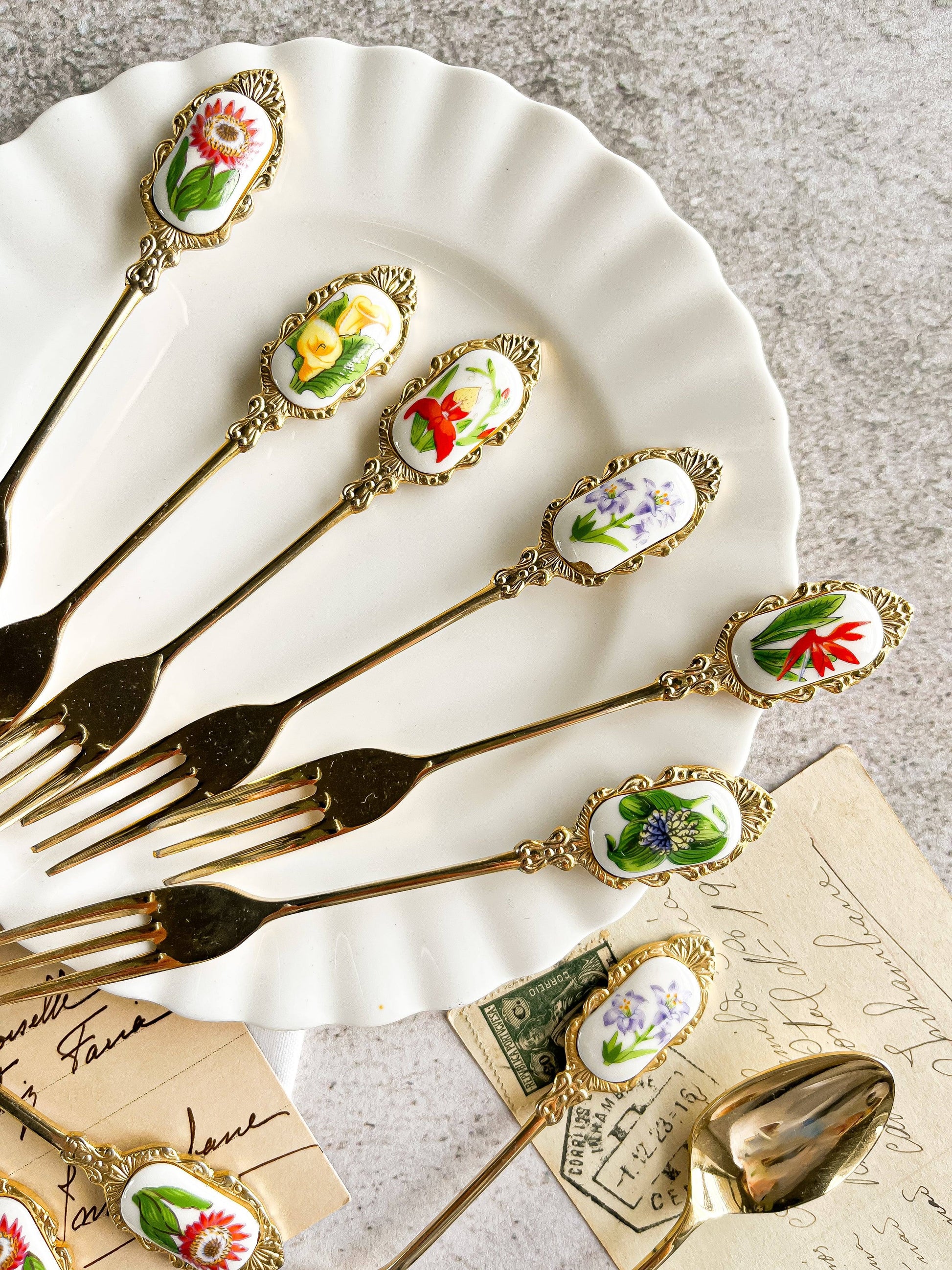 Gold-Plated Flatware Set with Floral Medallions - 6 Teaspoons, 6 Cake Forks, 1 Sugar Spoon in Decorative Box - SOSC Home