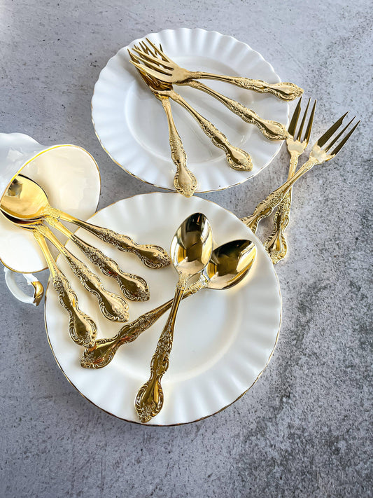 Gold-plated Stainless Steel Teaspoons and Cake Forks - Set of 12 - SOSC Home