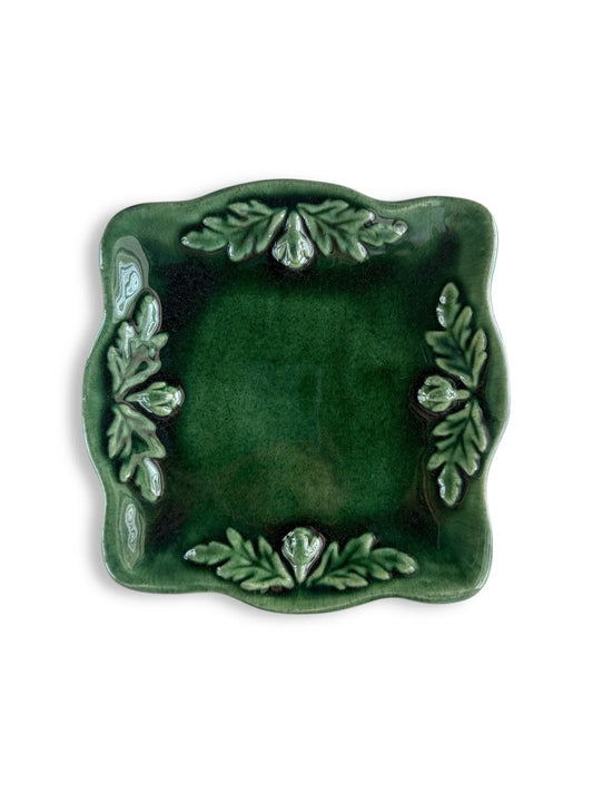 Green Majolica-Style Square Plate | Acanthus Bud Relief - SOSC Home