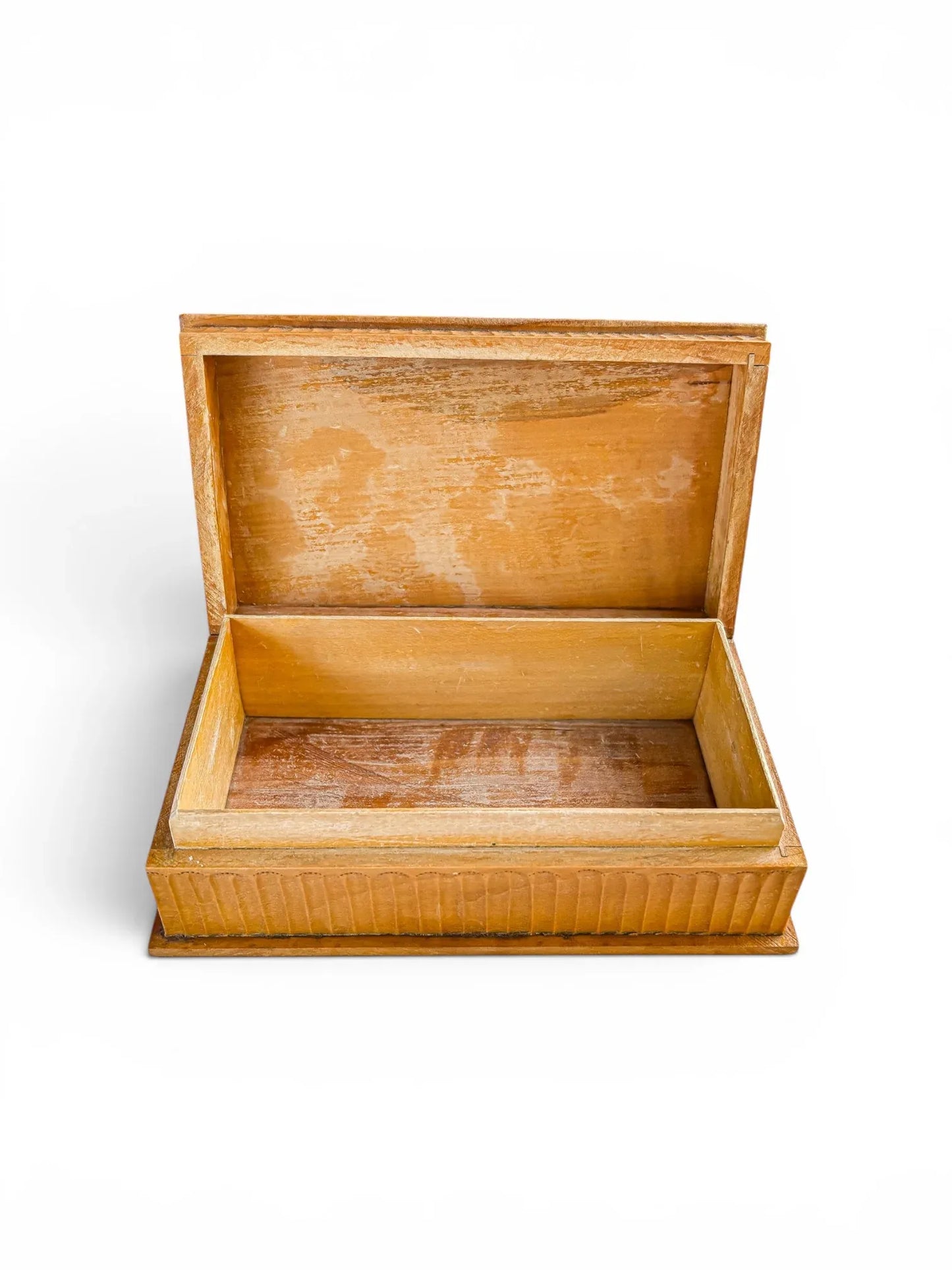 Open view of a vintage wooden trinket box showing the clean, unfinished interior grain and the sturdy recessed lip construction, highlighting the natural ageing of the timber.