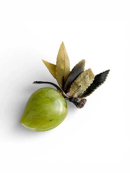 Vintage green stone fruit with metal leaves, collectible tabletop decor on white background
