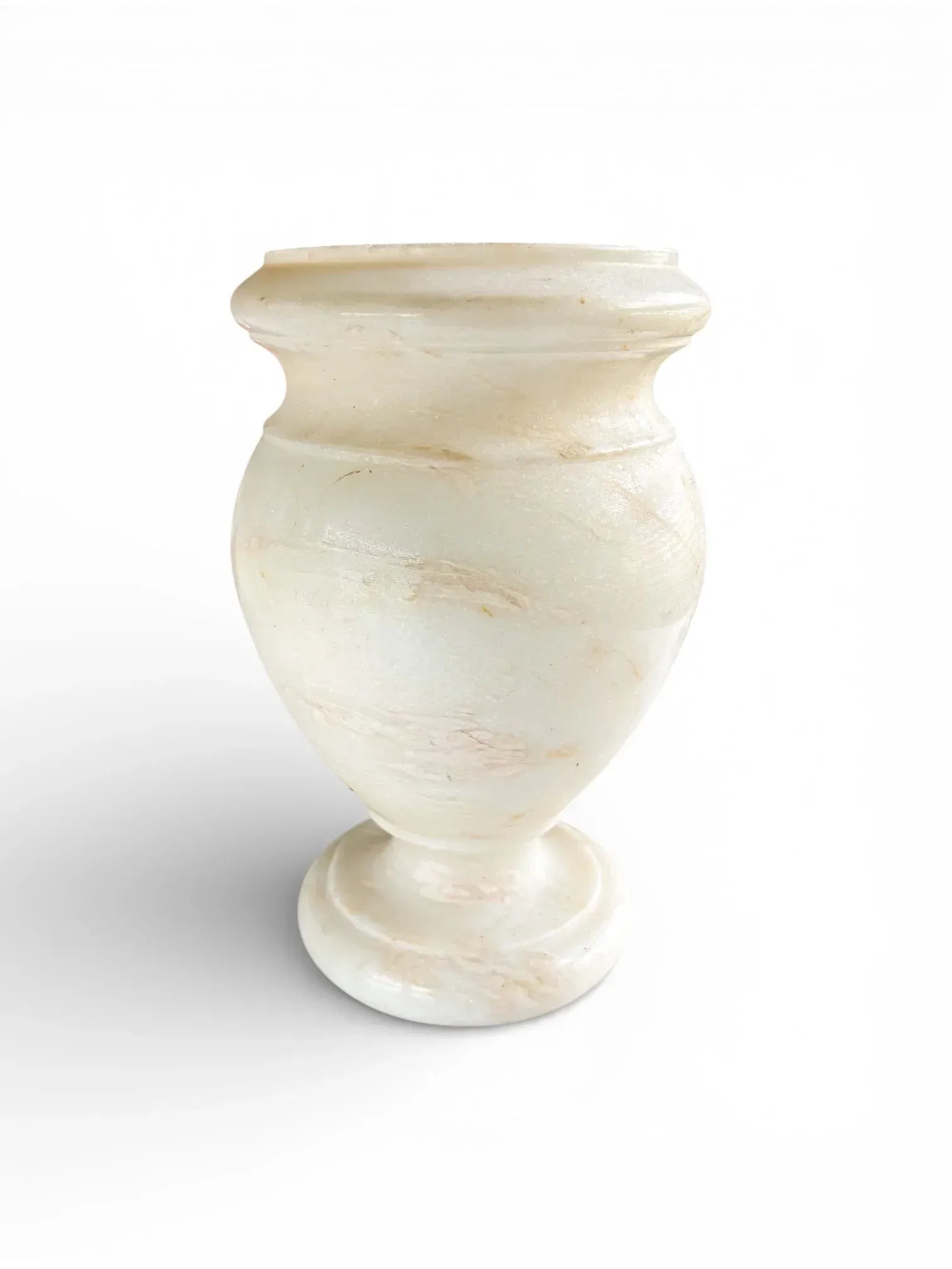 Front view of a 5kg vintage Italian alabaster urn showing prominent horizontal mineral veining and a translucent cream finish.
