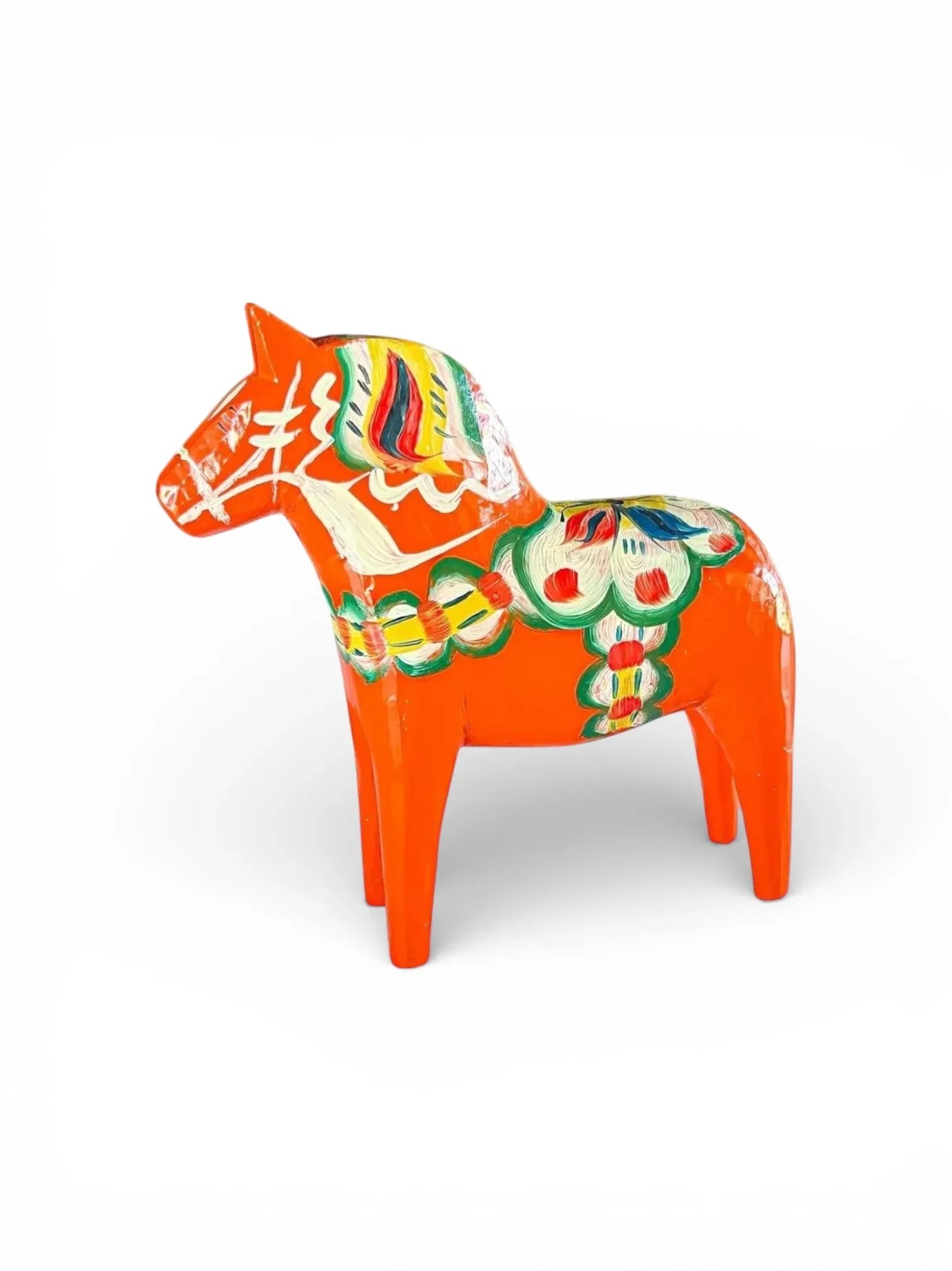 Vintage orange hand-painted Swedish Dala horse figurine with colorful folk art patterns
