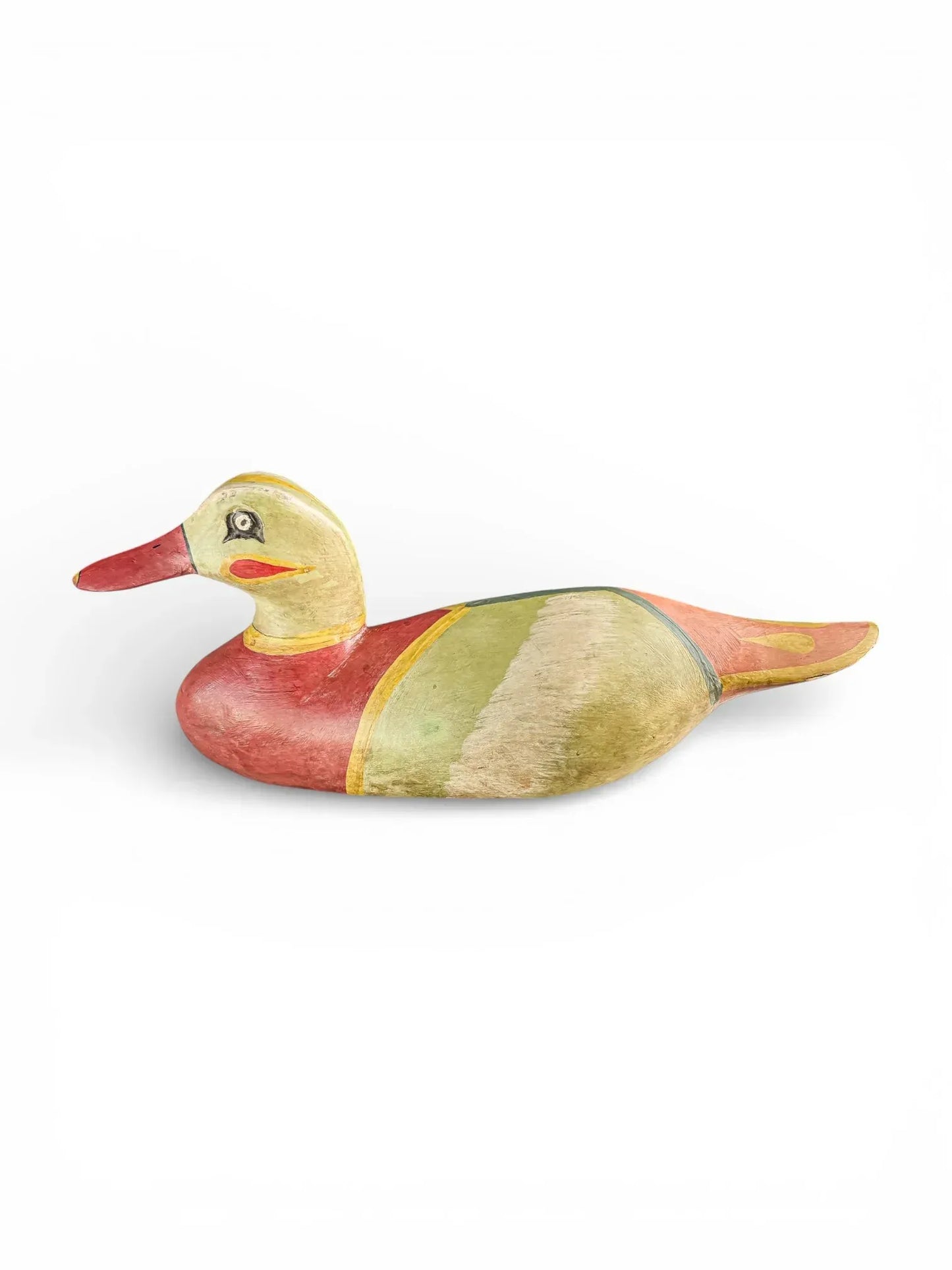 Hand-painted vintage wooden duck figurine with colorful details on a white background