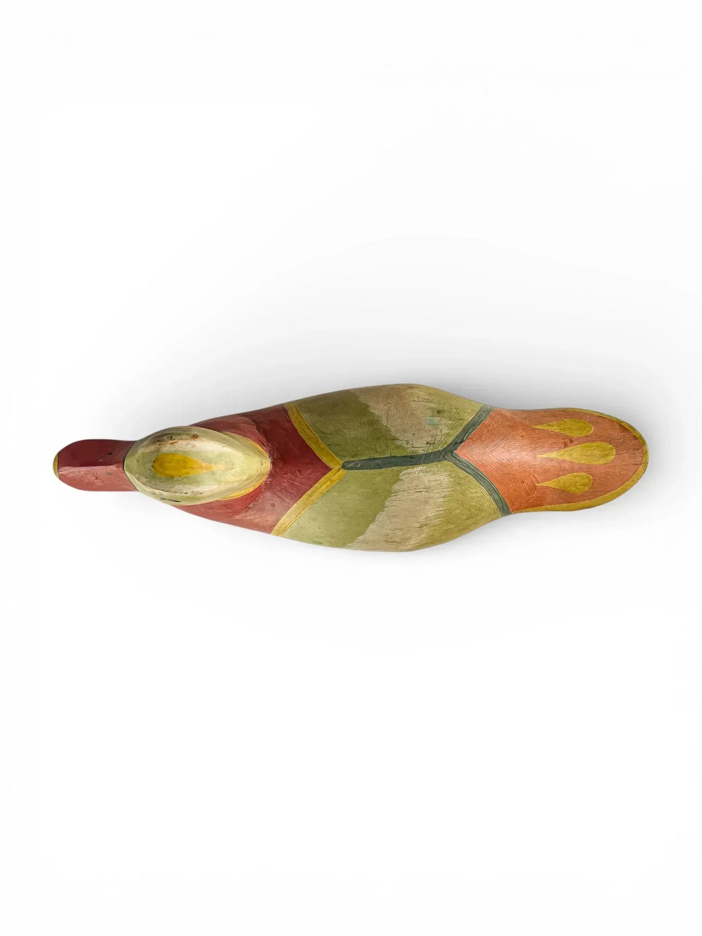 Hand-painted wooden duck sculpture with colorful vintage finish on white background
