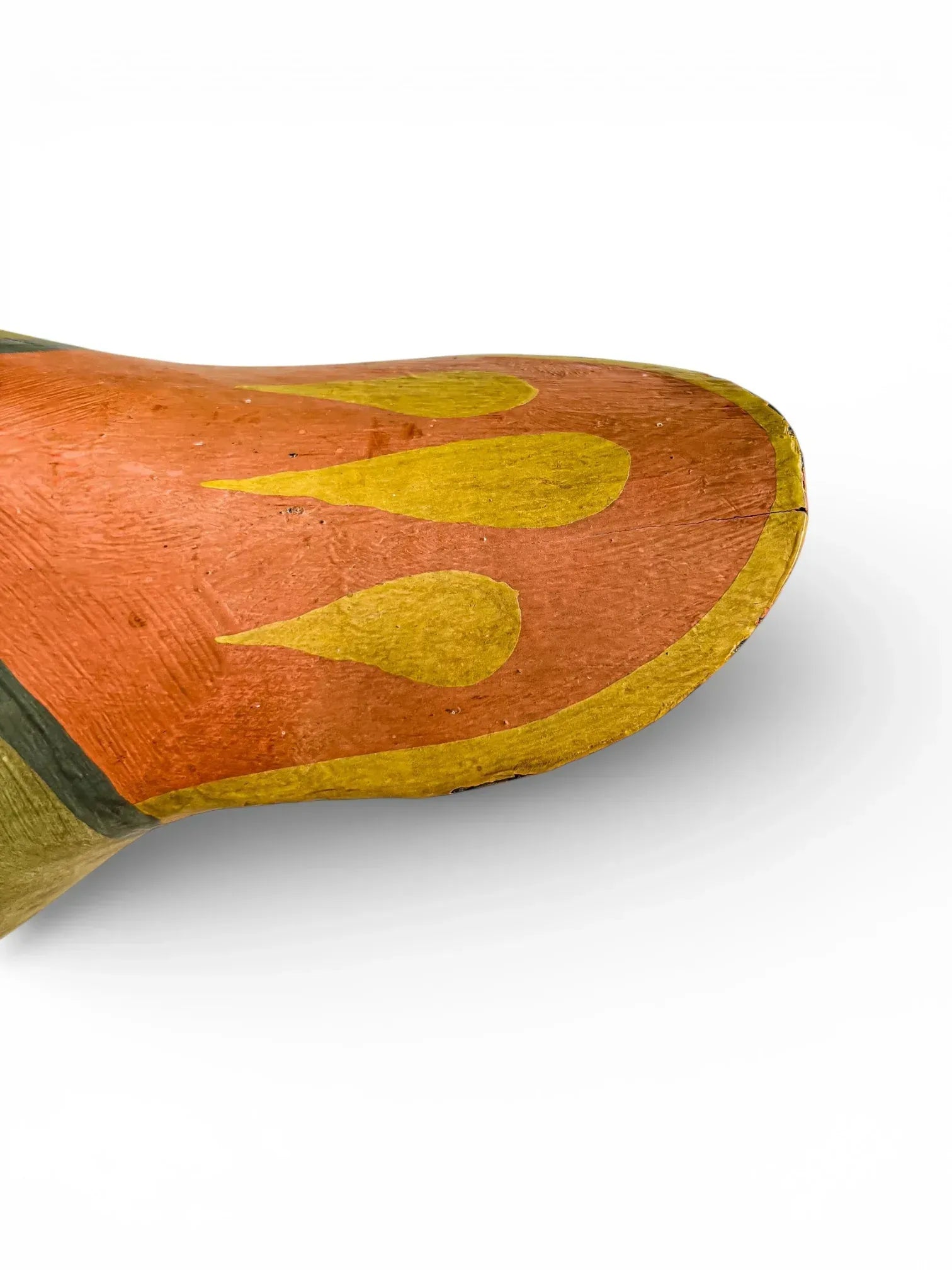 Hand-painted vintage wooden bowl with yellow and orange abstract design on white background