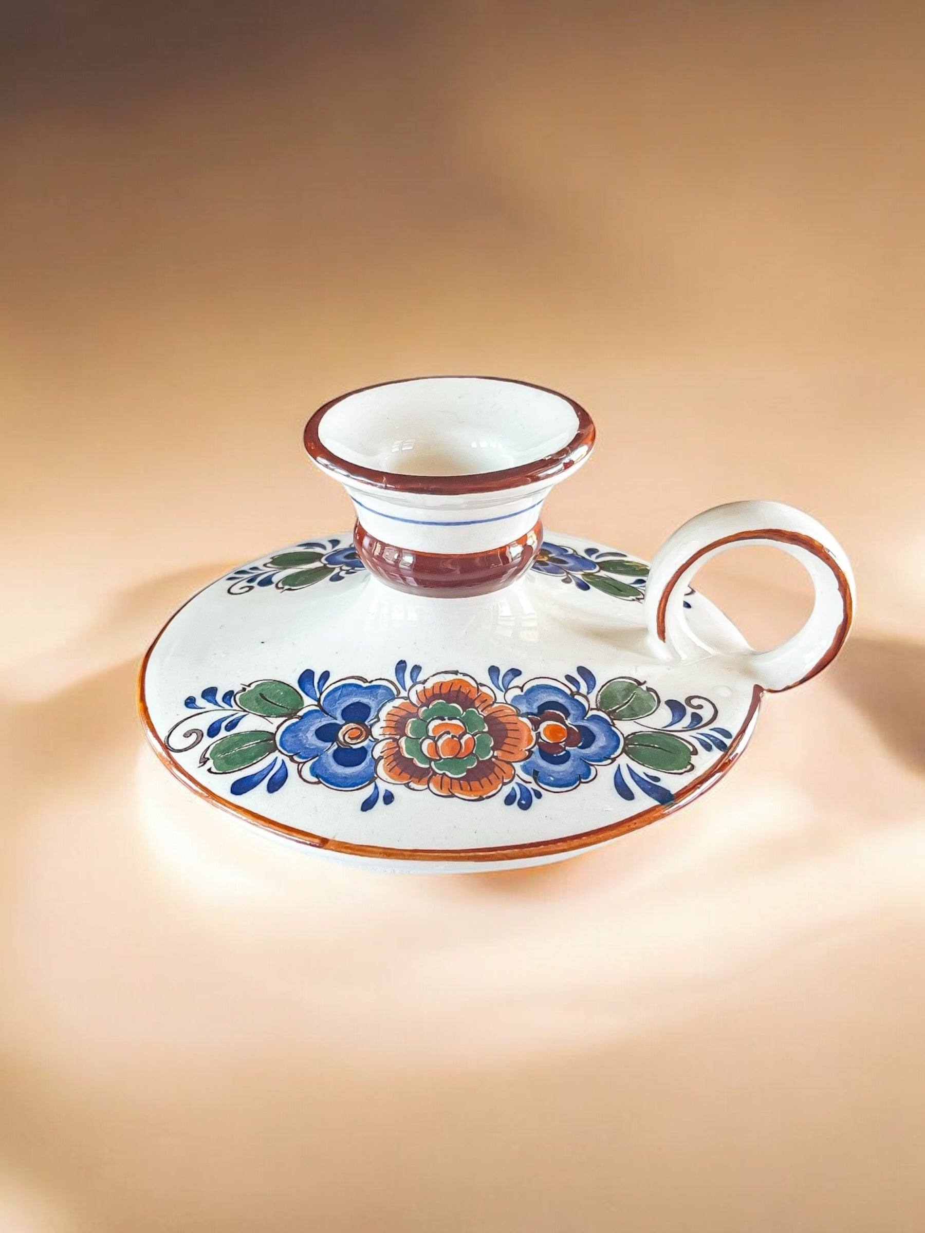 Hand-Painted Chamber Candlestick - Floral Motif and Rusty Brown Trim - SOSC Home