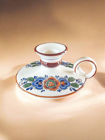 Hand-Painted Chamber Candlestick - Floral Motif and Rusty Brown Trim - SOSC Home