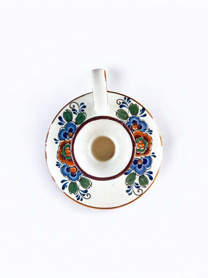 Hand-Painted Chamber Candlestick - Floral Motif and Rusty Brown Trim - SOSC Home