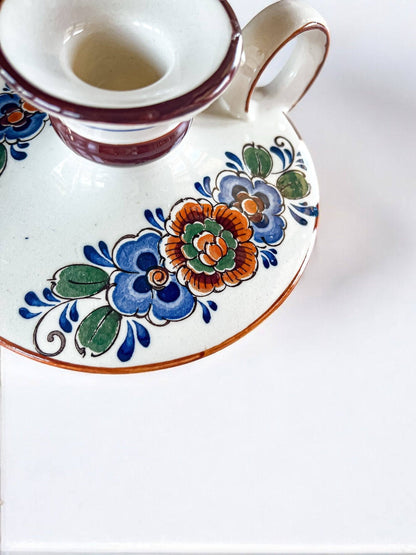 Hand-Painted Chamber Candlestick - Floral Motif and Rusty Brown Trim - SOSC Home