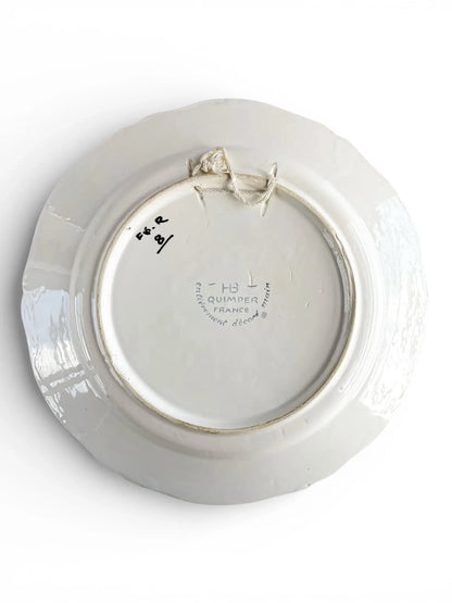 Back of vintage HB Quimper France porcelain plate, white ceramic with hanging string