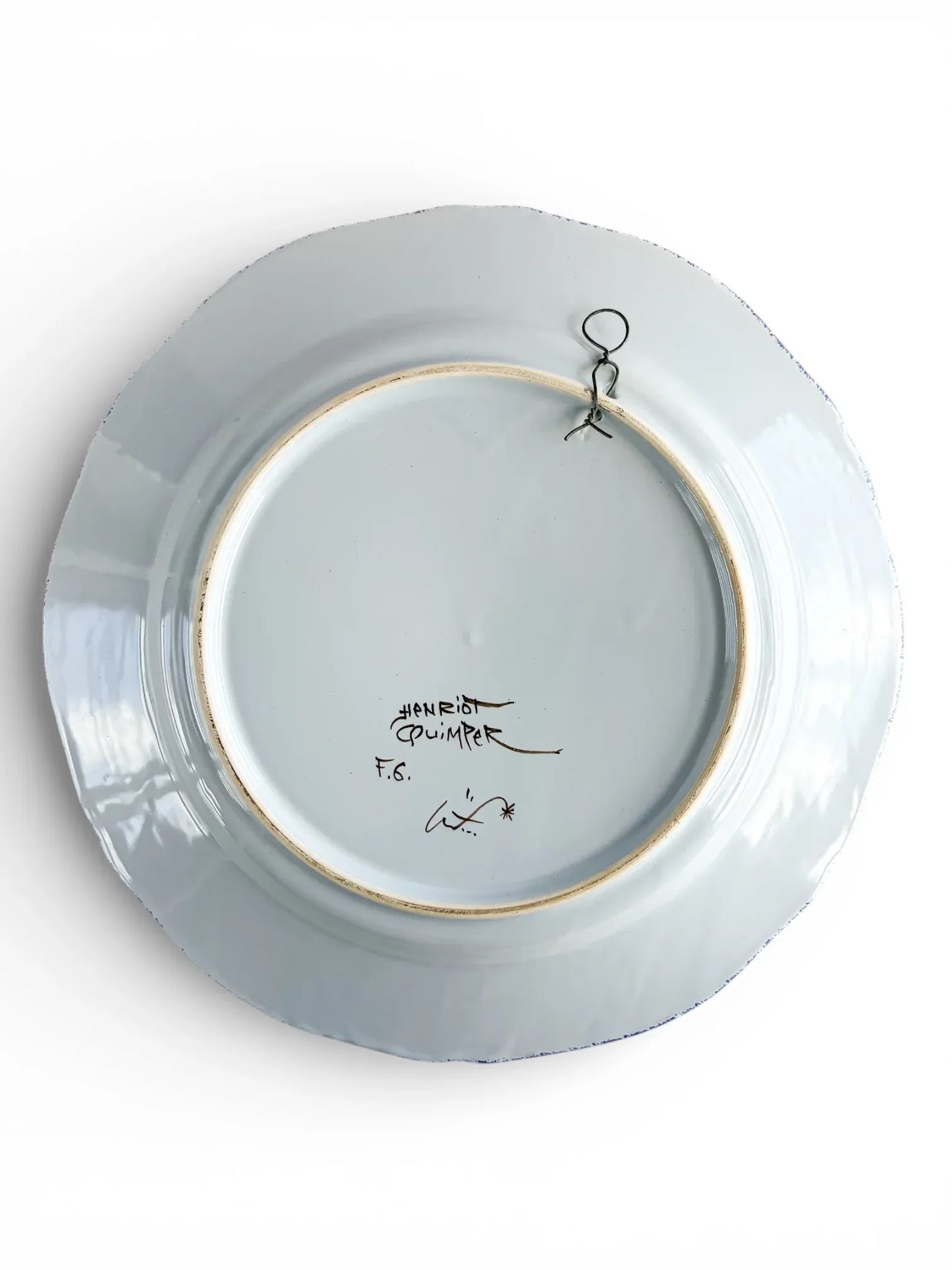 Vintage Henriot Quimper porcelain plate back with artist signatures and hanging wire