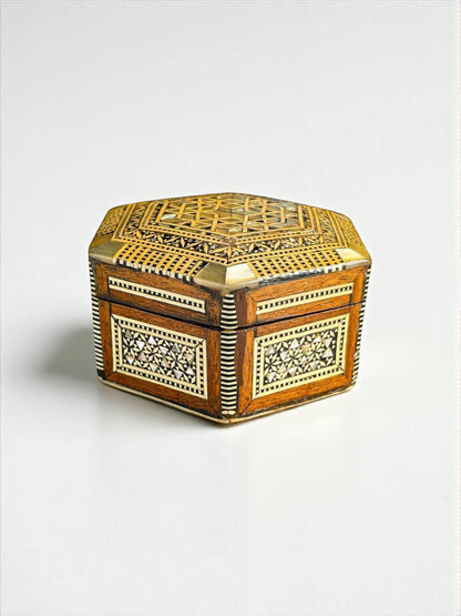 Hexagonal Marquetry Inlaid Wooden Box | Mother-of-Pearl and Bone Inlay - SOSC Home