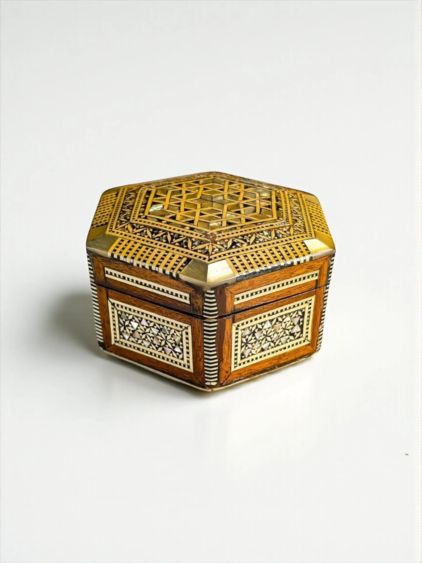 Hexagonal Marquetry Inlaid Wooden Box | Mother-of-Pearl and Bone Inlay - SOSC Home